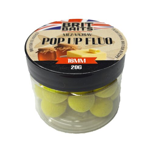 BritBaits Pop Up Fluo Méz-Vajsav 16 mm horgász csali átlátszó műanyag tégelyben, fekete tetővel, fluo sárga bojlikkal pontyhorgászathoz 