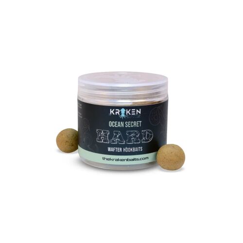 KRAKEN Ocean Secret Hard Wafter Hookbaits 20mm átlátszó műanyag tégelyben, két világosbarna, kerek wafter horogcsalival fehér háttéren - Wafter