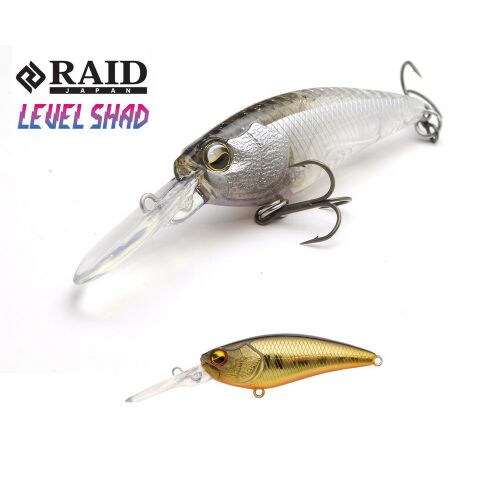 RAID LEVEL SHAD 50.3mm 4.3gr Su 007 Real Kinkuro wobbler horgászcsali, két méretben átlátszó és arany színben, fehér háttéren - Wobbler