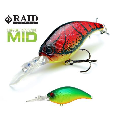 RAID LEVEL CRANK MID 59mm 10.5gr 002 Shimanashi Tiger crankbait horgászcsali, piros és fekete tigris mintával, alatta zöld és sárga csalival, fehér háttéren, ideális süllő- és csukahorgászathoz - Wobbler