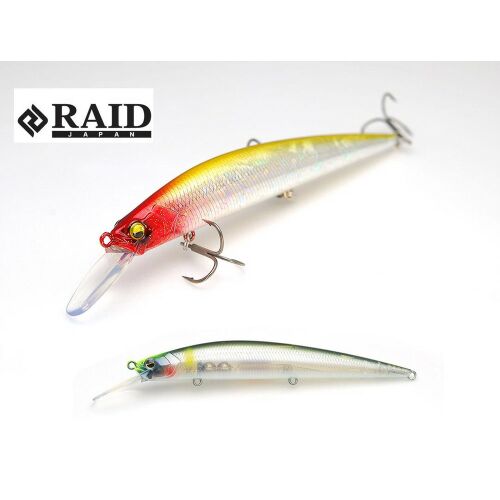 RAID LEVEL MINNOW PLUS 125mm 14gr 003 Otori horgászcsali, két wobbler fehér háttéren, felső csali piros és sárga, alsó csali ezüst és zöld - Wobbler