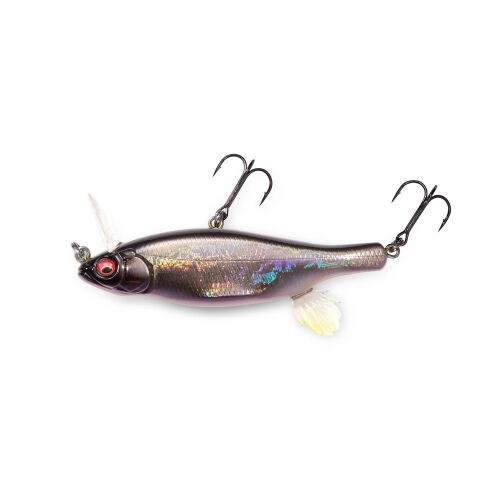 MEGABASS ANTHRAX 100 SP-C 105mm 14gr GG DEADLY BLACK SHAD wobbler horgászcsali hármashorgokkal, ferde nézetben fehér háttéren - Wobbler