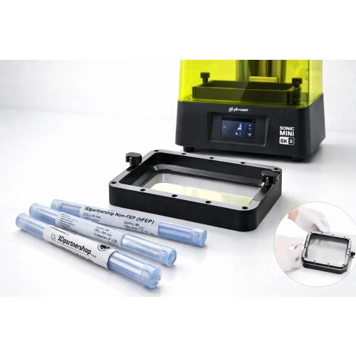 3DPartnershop nFEP fóliák Sonic Mini 8K 3D nyomtatóhoz, gyantatartállyal és telepítési útmutatóval, hangsúlyozva a tartósságot és az átláthatóságot - Irodaszer