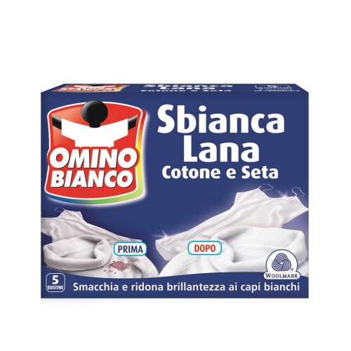 Omino Bianco Sbianca Lana textilfehérítő tasakok fehér ruhákhoz, 5 tasakos kiszerelés, folteltávolítóval pamuthoz és selyemhez - Textilfehérítő