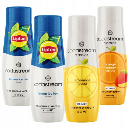 SodaStream válogatott szörp csomag két Lipton citromos jeges tea, egy limonádé és egy narancs mangó ízű koncentrátummal, fehér háttérrel, otthoni szénsavas italok készítéséhez. - Szódagép szörp