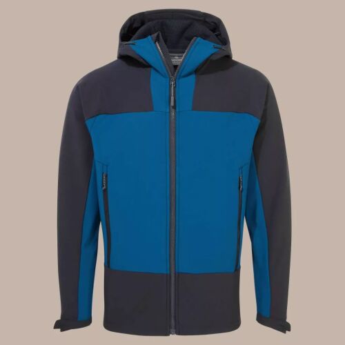 Craghoppers CRCEL005 EXPERT ACTIVE kapucnis softshell dzseki, kék és sötétszürke, elölnézet, sima háttéren izolálva - Férfi kabát