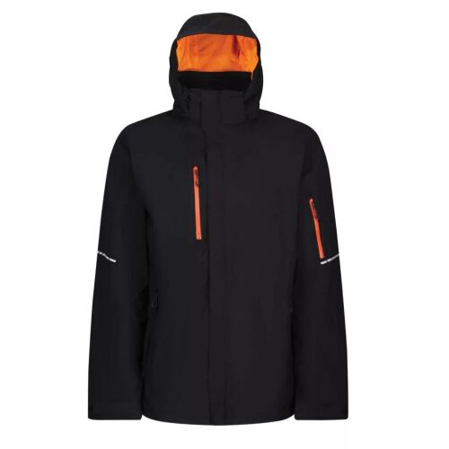 Elölnézet a fekete Regatta RETRW511 X-PRO EXOSPHERE II TECHNIKAI STRETCH KABÁT-ról, látható narancssárga béléssel a kapucniban, vízálló cipzárakkal és fényvisszaverő elemekkel a jobb láthatóság érdekében. - Férfi kabát