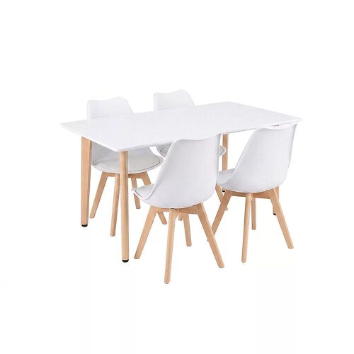 Silla 120 4+1 étkező garnitúra, fehér téglalap alakú asztallal és négy hozzá illő fehér székkel fa lábakkal, 3/4 nézetben egyszerű fehér háttéren. A garnitúra letisztult, modern designját emeli ki étkezőbe vagy konyhába. - Étkezőgarnitúra