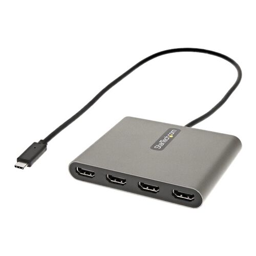 StarTech.com USBC2HD4 videó digitalizáló adapter, 1920x1080 képpont, szürke, elülső ferde nézet négy HDMI porttal és USB-C kábellel - HDMI átalakító