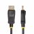 StarTech.com DisplayPort (DP) csatlakozó aranyozott tűkkel fehér alapon, bemutatva a 3F-DP-HDMI-4K60-HDR videó átalakító kábel biztonsági reteszmechanizmusát.