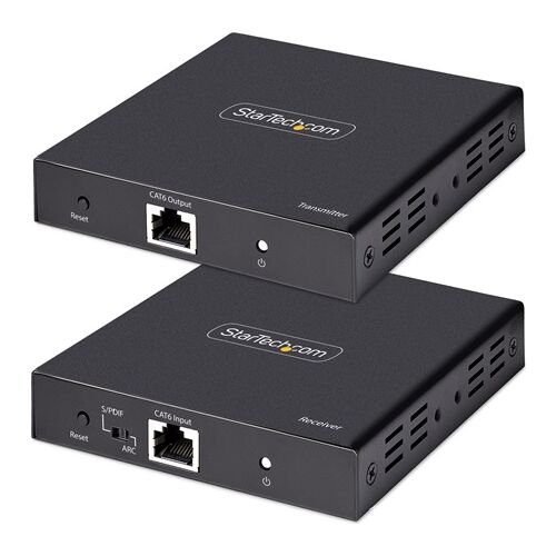 Ferdeszögű nézetből a StarTech 4K HDMI Extender adó és vevő egység, CAT6 portok, bekapcsoló gombok és szellőzés láthatók a 4K 60Hz HDR videóhoz Cat6 kábelezésen keresztül - HDMI átalakító