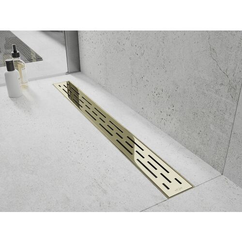 Mexen Flat M01 vonalmenti zuhanylefolyó 60 cm arany színben beépítve egy modern zuhanykabinba betonfalakkal - Lefolyó