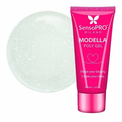 SensoPRO Milano Modella Polygel Mint Mirage színben, 50 ml-es tubus a csillogó világoszöld polygel mintával fehér háttéren - Műköröm építő zselé