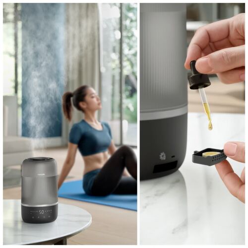 Osztott kép, amely a Philips HU1510/03 párásítót jógázás közben, és egy személyt mutat, amint illóolajat csepegtet a párásító aroma diffúzor tálcájába - Párásító