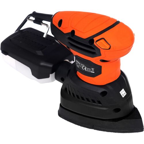 Kraft&Dele 1200W ergonomikus excentercsiszoló porgyűjtő dobozzal, ferde nézetben fehér háttéren - Kézi csiszoló