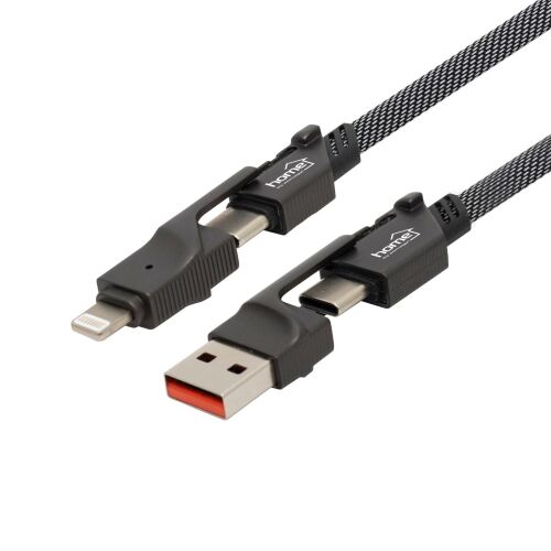Home USB4X1 töltőkábel, 4in1, USB C-C / A-C / C-LIGHTNING / A-LIGTNING, 1.1 méter, 66W gyorstöltés, szőtt nylon burkolat, lapos, gabalyodásmentes kábel (USB4X1)