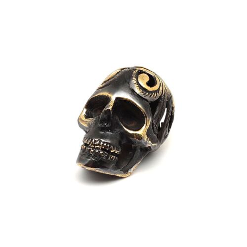 Réz koponya figura óarany részletekkel, 4x6cm, ideális lakásdekorációnak vagy egyedi ajándéknak, részletes kézműves kidolgozással és meleg, elegáns bronz felülettel. - Figura
