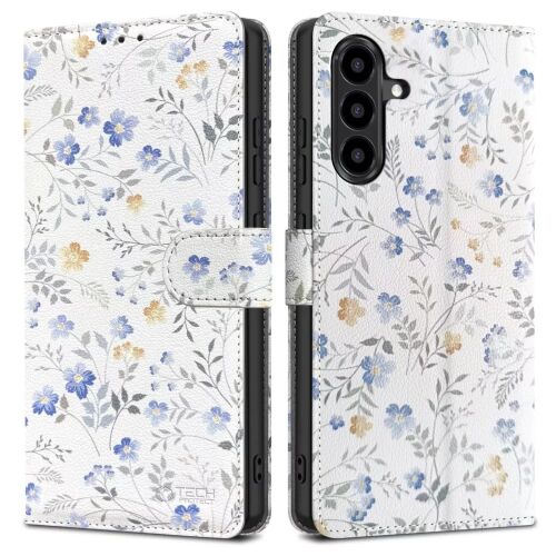 Nyitott és zárt nézetű Tech-Protect Wallet Samsung Galaxy A57 flip / kinyitható tok, fehér virág mintával, bemutatva a hátsó kamera kivágást és a teljes védelmet - Telefon