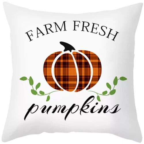 Őszi mintás díszhuzat 'Farm Fresh Pumpkins' felirattal és kockás tök mintával, őszi lakberendezés 