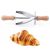 Croissant tésztavágó: rozsdamentes acél croissant tésztavágó fa nyéllel, egy tökéletesen sült, aranybarna croissant felett, ideális házi péksüteményekhez.