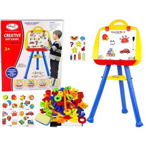 A Standing Magnetic Whiteboard Magnet teljes készlete, beleértve az állványt, mágneses betűket, számokat és különböző mágneses formákat, fehér háttérrel - Rajztábla gyerekeknek