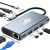 USB-C hub adapter 8 az 1-ben, HDMI, VGA, RJ45, USB 3.0 és USB 2.0 portokkal, csatlakozási részletekkel, kollázs fehér háttéren