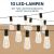 Grundig napelemes LED fényfüzér 10 meleg fehér vintage stílusú izzóval, kiemelve a 10 LED lámpát és a 3,35 méteres hosszt