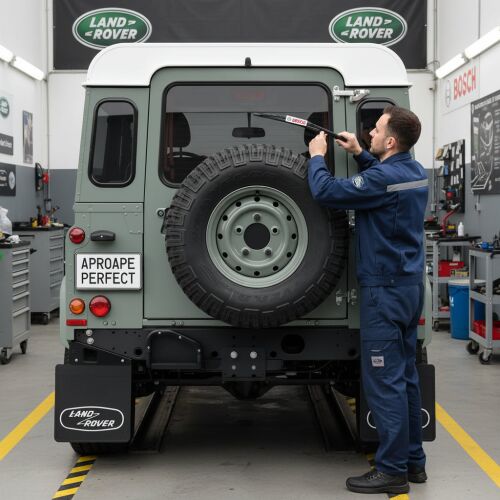 Szerelő szerel fel egy Bosch Twin H341 hátsó ablaktörlő lapátot egy Land Rover Defender Cabrio (L316) autóra egy garázsban - ‪Ablaktörlő lapát