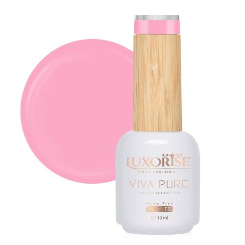 LUXORISE Viva Pure HEMA Free félpermanens géllakk Málnakrémes árnyalatban, 10 ml-es üveg fa kupakkal, mellette egy mintával a rózsaszín színből, fehér háttéren - Gél lakk