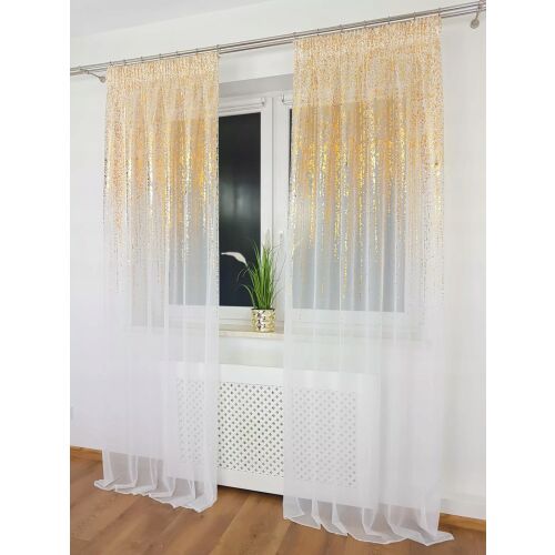 Arany mintás voile függöny 250cm, elegáns fehér áttetsző voile függöny arany 'eső' mintával egy modern nappaliban függve - Függöny