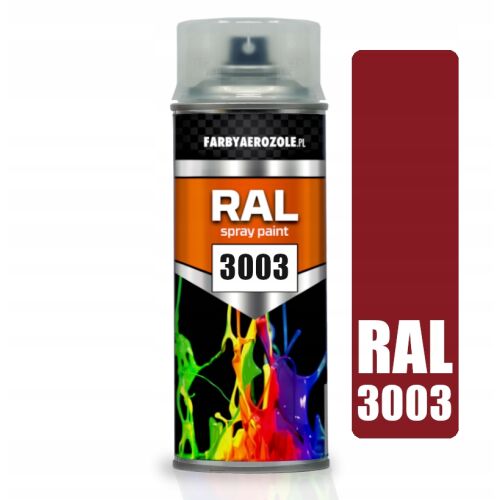 AKRIL LAKK SPRAY RAL 3003 RUBIN VÖRÖS spray festék flakon színmintával, amely a mély rubinvörös árnyalatot mutatja. A flakonon az 'RAL spray paint 3003' felirat és egy élénk, színes design látható. - Festék spray