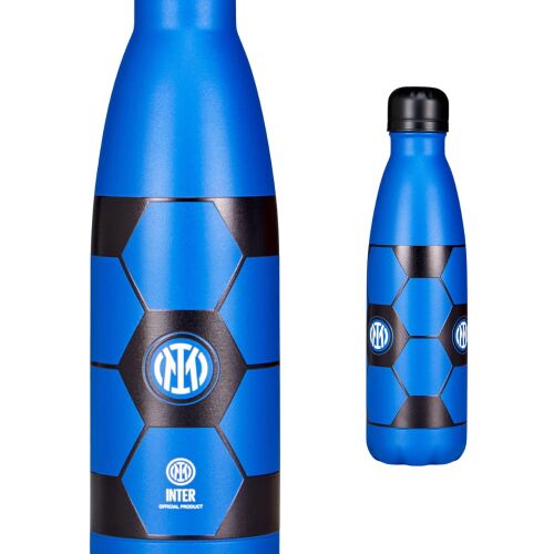 Inter kulacs 500 ml focis termosz kék-fekete design logóval és focilabda mintával, két nézet fehér háttér előtt - Termosz és italtartó
