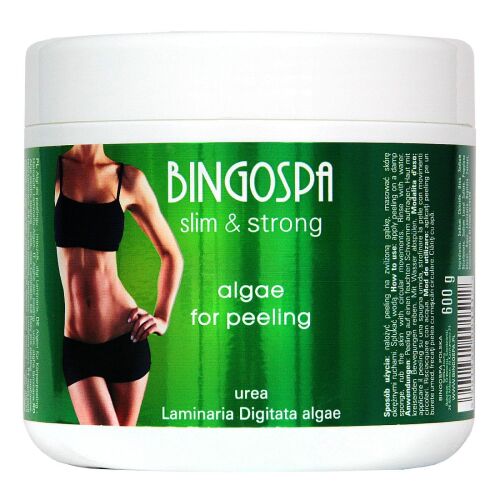 BINGOSPA vékony és erős hámlasztó alga testradír fehér műanyag tégelyben, zöld címkével, stilizált női törzzsel és terméknévvel - Testradír