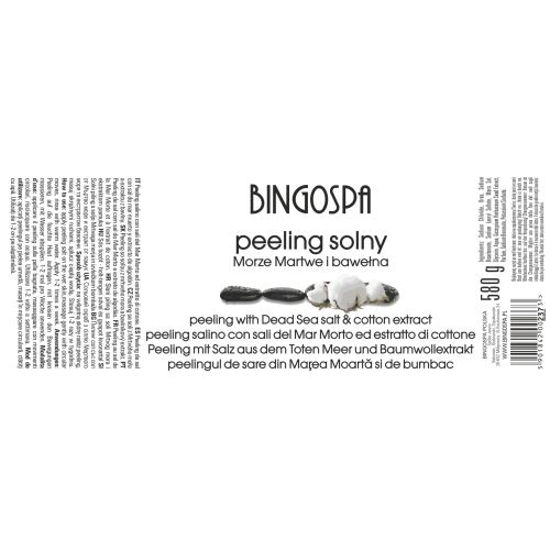BINGOSPA Holt-tengeri só és pamutkivonattal testradír csomagolás címke, összetevőkkel és terméknévvel több nyelven - Testradír