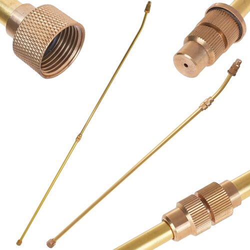 Kollázs a Fixem 61-101 cm-es sárgaréz teleszkópos permetező csőről, az állítható szórófej és csatlakozó közeli képeivel - BASS POLSKA