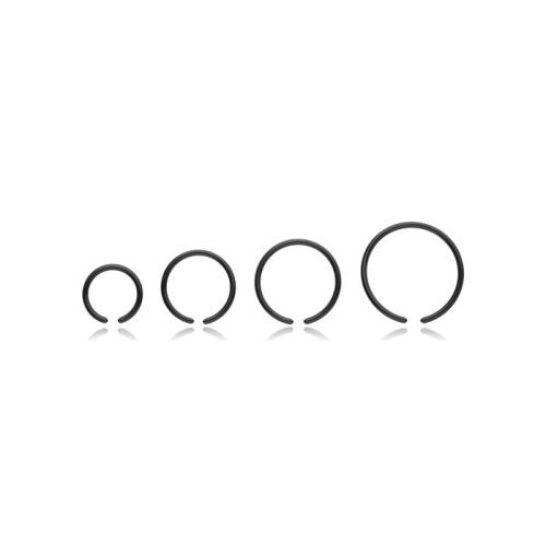 Négy fekete nyitott karika piercing szett különböző méretekben (1,0/6 mm, 1,0/8 mm, 1,0/10 mm, 1,0/12 mm) fehér háttéren testékszerekhez - Piercing