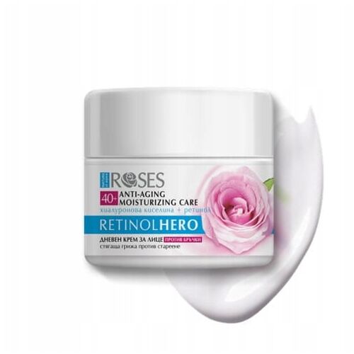 Roses 40+ Ránctalanító hidratáló krém Retinol Hero nappali krém hialuronsavval, retinollal és SPF30-mal a ráncok megelőzésére és feszesítésére, fehér háttérrel és krémcsíkkal. - Fényvédő krém és naptej
