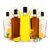 Öt JACK WALKER 700ml-es üvegpalack különböző folyadékokkal és gyümölcsökkel, különböző felhasználási módokat, például whiskyt, bort és gyümölcslevet reprezentálva