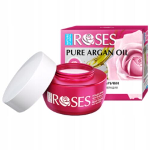Mattító éjszakai krém 30 ml rózsa és argánolajjal, hidratáló és simító hatású, nyitott tégely dobozzal a háttérben, Nature of Agoya Roses Pure Argan Oil márka 