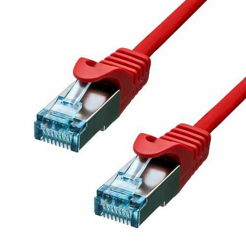 ProXtend CAT6A S/FTP CU LSZH Ethernet kábel, piros, 1,5 m, 6ASFTP-015R, két piros, árnyékolt kábelvég látszik átlátszó RJ45 csatlakozókkal, fehér háttérrel - FTP kábel