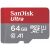 SanDisk Ultra 64 GB microSDXC flash memória kártya, elölnézet A1 és Class 10 besorolásokkal