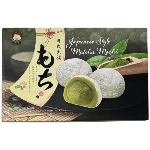 Aji Ichiban Matcha Mochi zöld tea ízű édes snack kartondobozban, a matcha töltelék jól látható ábrázolásával, 210g - Sütemény