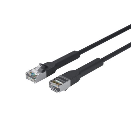 Lanview LV-6AFTP-FLEX-ANG-005B CAT6A hálózati kábel, 0.5m, két RJ45 csatlakozóval, szögből nézve az árnyékolt végeket, fehér háttéren - FTP kábel