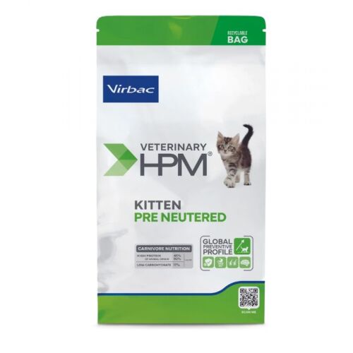 Virbac Veterinary HPM Kitten Pre Neutered teljes értékű száraztáp 3kg-os zsákban, cicaképpel, nem ivartalanított macskakölyköknek 12 hónapos korig, vagy vemhes/szoptató macskáknak, magas fehérjetartalommal, kiegyensúlyozott kalcium- és foszfortartalommal, béta-glükánnal, prebiotikumokkal, probiotikumokkal, omega-3-mal, DHA-val - Macskaeledel