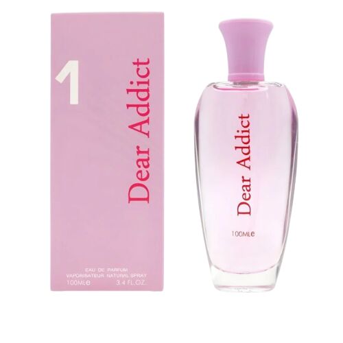Fine Perfumery Dear Addict 1 női Eau De Parfum, 100 ml-es flakon és rózsaszín csomagolás fehér háttéren 