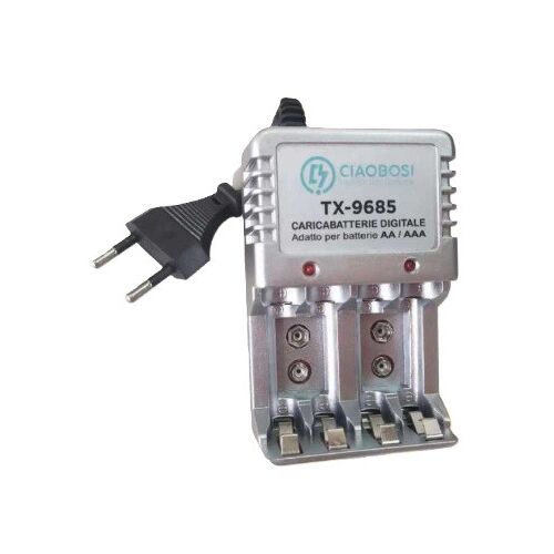 CIAOBOSI TX-9685 AA AAA 9V akkumulátortöltő, elölnézet ferdén, hálózati csatlakozóval, ezüst és fekete - Elemtöltő