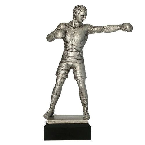 Gyanta boxoló figura, 25 cm, ezüst színű, ütő pózban, fekete talapzaton, sportdíjakhoz vagy dekorációhoz ideális - Játék