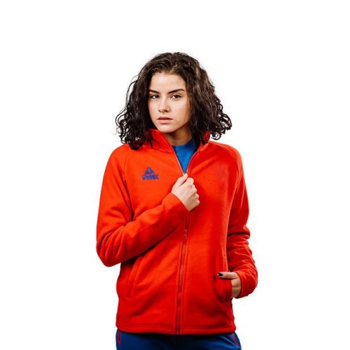 PEAK Fleece Pulóver piros/kék színben, női modellen viselve, elölnézet, cipzárral és zsebekkel - Férfi pulóver