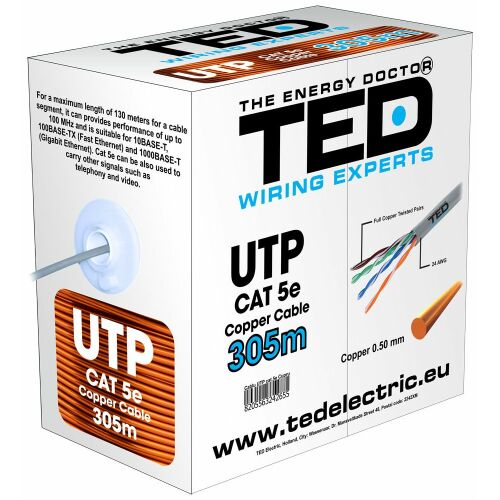TED UTP Cat 5e réz kábel 305m dobozban, kábeltörzési diagrammal és specifikációkkal 