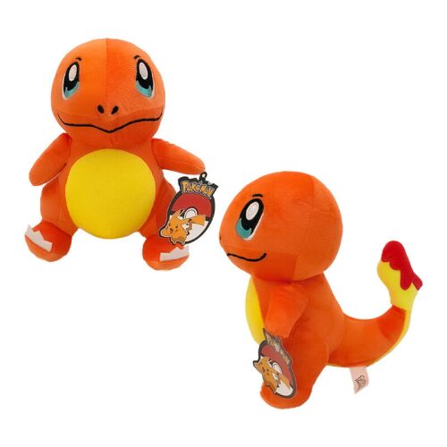 Két Pokémon Charmander plüss figura, 25 cm magas, puha narancssárga plüss, címkével, ferde nézetben fehér háttéren 